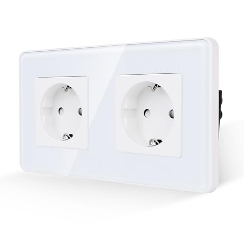 JIMEIDA Double Socket White, 2.5D Curved Glass Plate 16 Amp Schuko Sockets Flush-Mounted Protective Contact Wall Socket 157 x 86 mm, 250 V