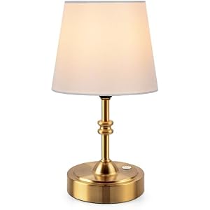 ONEWISH Small Cordless Lamp Dimmable-Battery Operated Table lamp, 4000mAh Rechargeable, Touch Bedside Lamp with White Fabric Shade, 2700K Bulb Included, for Dining, Patio, Bathroom(Gold)