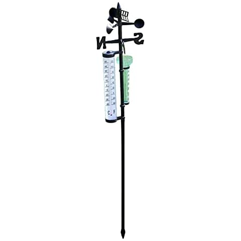 BFYDOAA Outdoor Weather Station,Wind Vane,Rain Gauge,Thermometer,Garden Decoration, Black,1.4m Tall,Wind Direction Temperature,Detachable Rain Gauge with Stake,Outdoor Weather Vane Cover