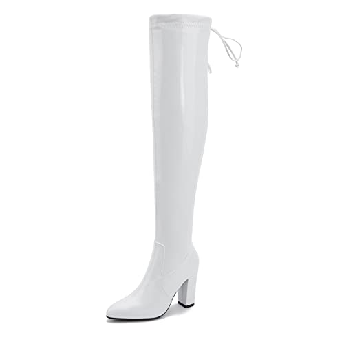 Heiyom Womens Thigh High Boots Over The Knee Boot Sexy Pointed Toe Chunky Heels Boots Zipper Lace Up Long Boots White-41(255/US9)
