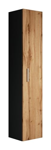 Badplaats Badezimmerschrank Pluto 30 x 30 x 150 cm Schwarz Matt mitt Eiche - Hoch Badschrank mit 1 Tür