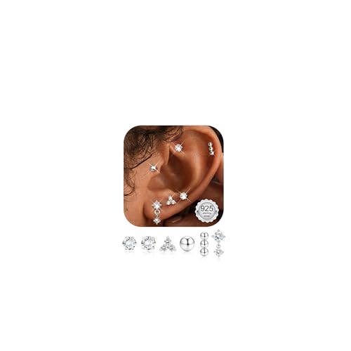 Finrezio 6 Pares Pendientes Poste de Plata de Ley 925 Para 14K Dorados de Pendientes Pequeños Para Cartílago Piercing Oreja Clavos Hipoalergénicos Circonita Cúbicas Bola Flor Adecuados Para Mujer
