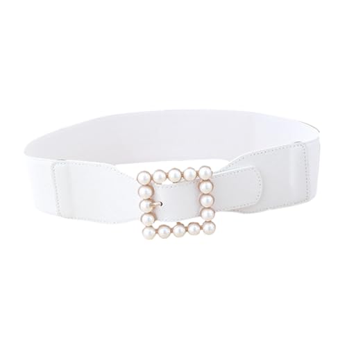 Pearl Waistband Cummerbund with Elastic Band and Fashionable Square Buckle for Women Decorative Skirt Ornament Belt in White Alloy Material Stylish Accessory for Dresses Jeans and