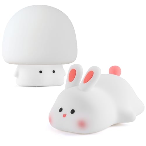 YISUN Rabbit and Mushroom Night Light, LED Cute Lamp, Silicone