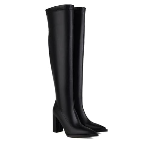 WOkismD Stivali con Tacco a Blocco Alto 9 CM Fino alla Coscia da Donna, Punta a Punta, Elastici sopra Il Ginocchio,Nero,36 EU