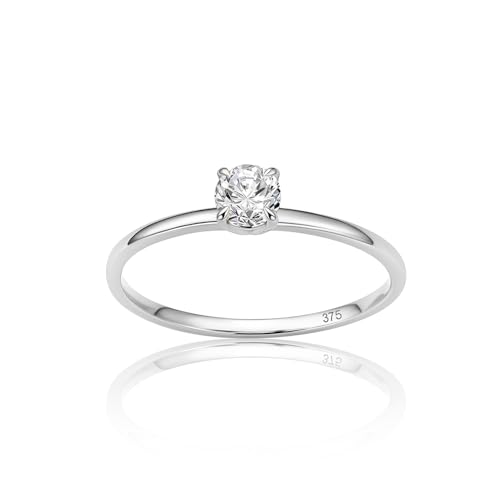Orovi Anillos Mujer Oro Blanco 9 Quilates 375, Anillos de Compromiso Solitario con Piedra Circonita 0.45ct, Anillo Compromiso, Joyería para Mujer Hecha a Mano, Se incluye Estuche Joyería