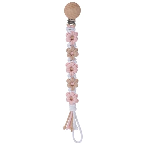 Image of Pacifier Clip for Boys Girls Floral Daisy Macrame Baby Paci Clip Pacifier Holder Leash Boho Wooden Clips Handmade Braided Cotton Binky Clips (1pack:Khaki Style A)
