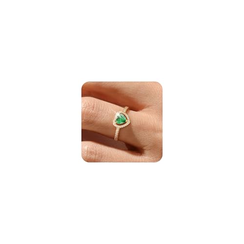 ZHESHY Gold Birthstone Rings for Women Non Tarnish 14K Gold Plated Promise Rings Heart Halo Gemstone Emerald Green CZ Wedding Engagement Rings for Anniversary Jewelry Birthday Gift Size 6-10
