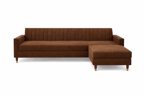 Image of Wooden L Shape Sofa 4 Seater with Ottoman | Velvet Fabric Upholstery | Modern Sectional Wooden Frame Couch for Living Room, Home & Office (Brown)