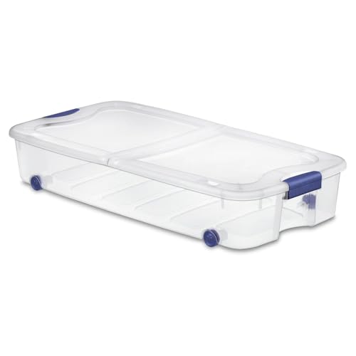 66 Quart Large Capacity Underbed Storage Container with Wheels & Lid | Clear Plastic Rolling Storage Bin for Bedroom Closet Organization | 39.5 Design for Blankets Seasonal Clothing & Holiday Decor