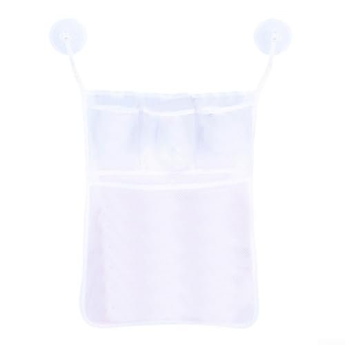 Mesh Bathroom Toy Storage Bag with 3 Pockets & Hanging Hooks – Spacious 52x45 cm Polyester Net Organizer for Baby Bath Toys, Towel Rack or Wall Mount, White