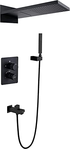 Système de douche affichage numérique noir mat encastré avec tête en laiton