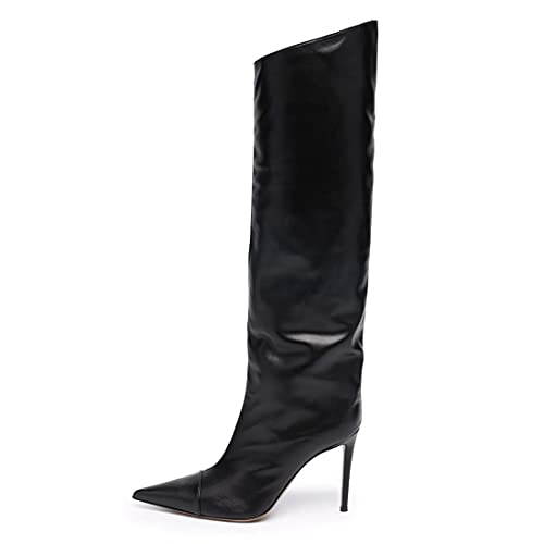 Image of Arqa Knee High Boots for Women Wide Calf 4 in Stiletto High Heel Metallic Boots Winter Chrome Zipper Long Boots Dressy Party Shoes