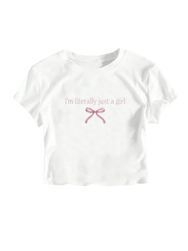 Girl's Letter Bow Graphic Tees Short Sleeve Crewneck Cute Shirts for Teen Girls Trendy