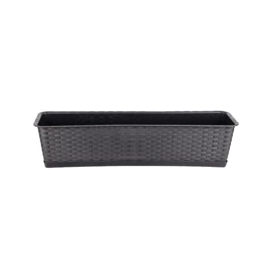 BigDean Blumenkasten mit Untersetzer 80 cm lang Rattan-Optik anthrazit - aus PP-Kunststoff - Balkon Pflanzkasten schmal Balkonkasten