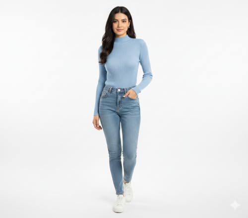 Image of Women Ribbed High Neck Full Sleeve Pullover Sweater|Solid Stretchable Slim Fit Winter Wear Top for Casual & Office Use