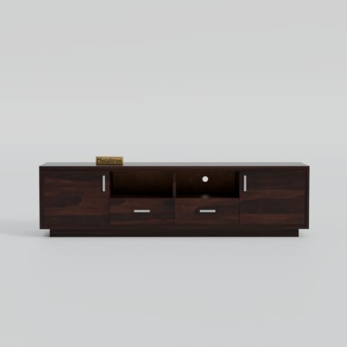 Image of Premium Solid Sheesham Wood TV Unit with 2 Drawers, 2 Shelves, and 2-Door Storage - Suitable for TVs up to 65 Inches - Elegant Living Room Furniture (Lynton, Walnut Finish)