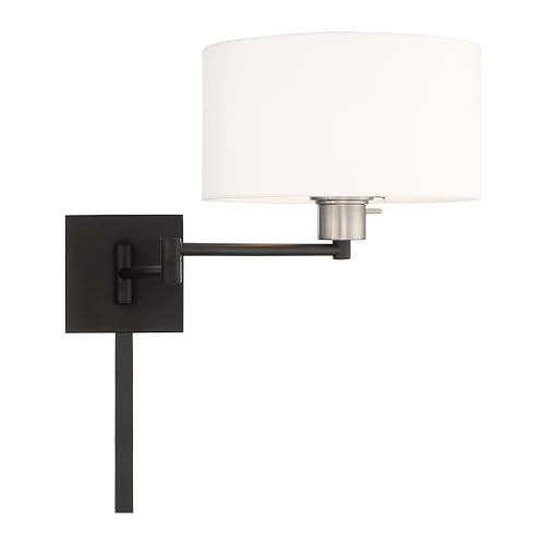 Image of Livex Lighting 40036-04 1-Light Swing Arm Wall Light, Black | Off-White Fabric Shade