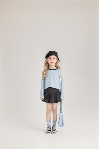 Image of Girls Color Block Pullover Sweater, Spring Fall Oversized Knit Long Sleeve Top with Striped Sleeve, Blue