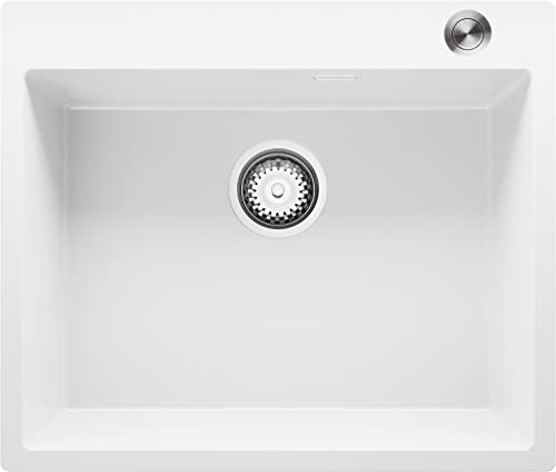 Lavabo Cuisine en Granit Blanc, 59 x 50 cm, Evier 1 bac + Siphon Pop-Up, Évier à Encastrer de Primagran Cover
