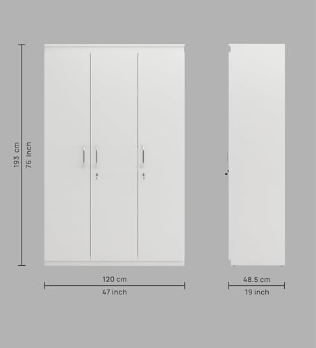 Image of Mintwud Pepperfry Engineered Wood Magnus 3 Door Wardrobe | Wooden Almirah with Drawer Storage and Hanging Rod | Multipurpose Organizer Cupboard for Bedroom Home Furniture (Mist White Finish)