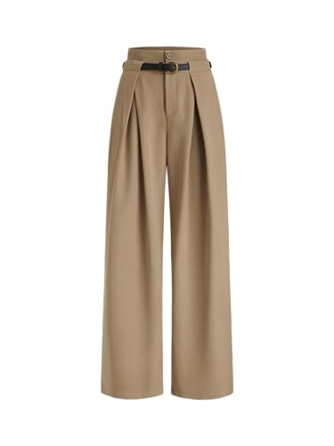 CIDER Wide Leg Pants Work Dress Pants Mid Waist Pleated Pocket Solid Trousers with Belt Business Casual