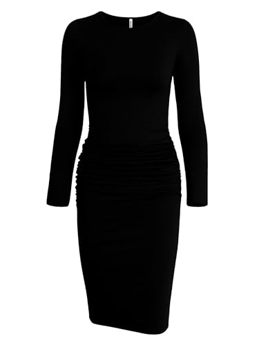 Missufe Figurbetontes Freizeitkleid Bodycon Knielanges Kleider Damen Enges Bleistiftkleid (Klassisches Schwarz,Groß)