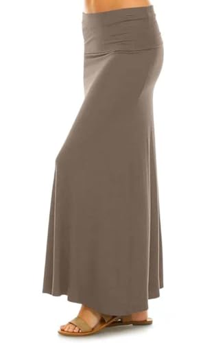 Sweet Hearts Maxi Skirt for Women- Comfy Foldover High Waist Long Flare A-Line Skirt Maxi Dress XS-3X Made in USA (Mocha, X-Small)
