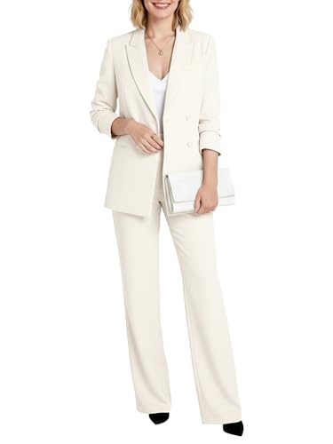 YILOTE Womens 2 Piece Business Casual Suit Set Blazer and High Waisted Wide Leg Pants Dressy Work Office Outfits for Women White