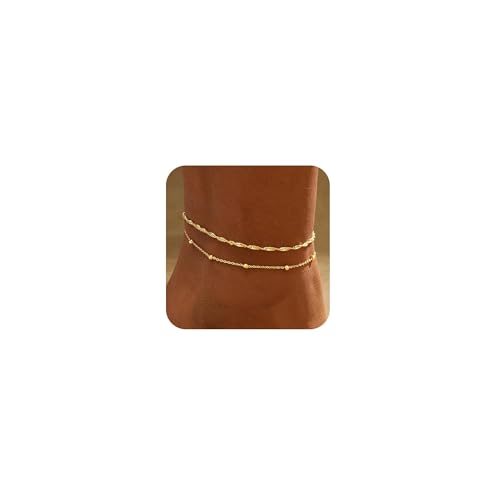 Womens Gold Anklets Cuban Link Chain Anklet Beaded Stackable Bracelet 2 PCS Ankle Jewelry Set 14K Gold Plated Waterproof & Non Tarnish Lightweight Gift Idea