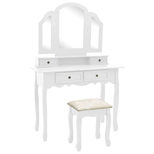 Teenpull Boudoir - Set da toeletta in legno di paulownia, con sgabello, specchio 3 in 1, 4 cassetti per camera da letto