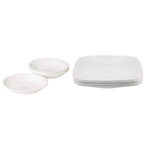 Corelle Winter Frost White 20-Ounce Bowl Set (6-Piece) & Square Pure White 9-Inch Plate Set (6-Piece)