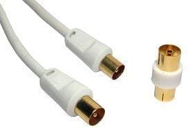 5m TV Aerial Cable Gold Plated Coax Cable Male to Male Ariel Cable Digital TV Fly lead with RF Plug Adapter Connector Coupler White TV Antenna AV Lead For FreeView Sky box Satellite Lead