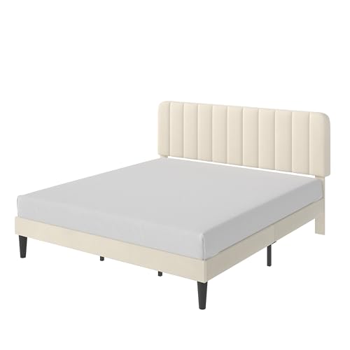 Image of VECELO King Size Bed Frame with Upholstered Headboard, Velvet Platform Bedframe Mattress Foundation, Strong Wood Slat Support, No Box Spring Needed,Velvet Beige