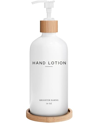 White Glass Lotion Dispenser with Pump Bathroom Set by Brighter Barns - Hand Lotion Dispenser with Tray - Modern Bathroom Decor - Boho Bedroom Decor for Housewarming Gift, Airbnb, Hotel (White)