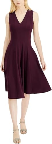 Image of Calvin Klein Womens Sleeveless V-Neck Crepe Knee Length Fit & Flare Dress