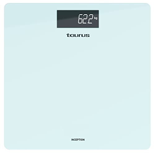 Taurus Inception - Báscula de baño digital, diseño slim, 28x28 cm, cristal templado ultra resistente, kg/lb, pantalla display de fácil lectura, máx 180kg/min 3kg, pies antideslizantes, azul