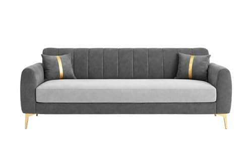 Image of Hermione Luxe Velvet-Suede Fabric Dual Tone 3 Seater Sofa | Comfortable Seating | Modern Sofa for Living Room - Light Gray & Dark Gray