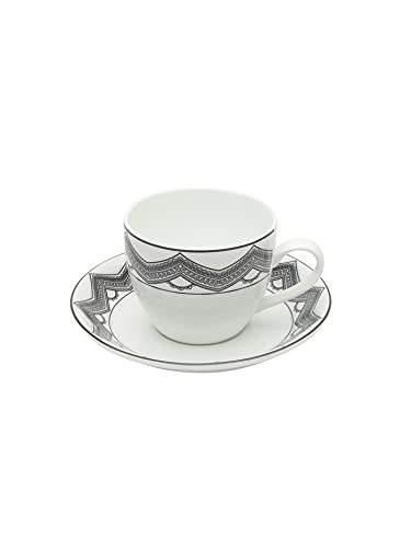 Image of Clay Craft Fine Ceramic Cup and Saucer Set of 12 (6 Tea Cups + 6 Saucers) White Black Can Be Used for Birthdays, Anniversaries, Parties, Mother, Father, Sister, Grey, Medium (CC-CS12-CREAM-S344)