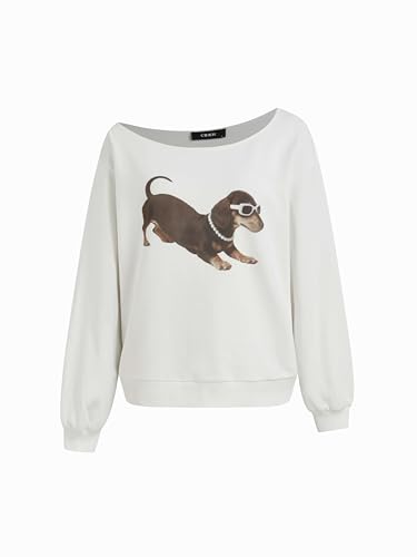 CIDER Sweatshirt for Women Dachshund Graphic Asymmetrical Neck Long Sleeve Terry Pullover Dog Top White