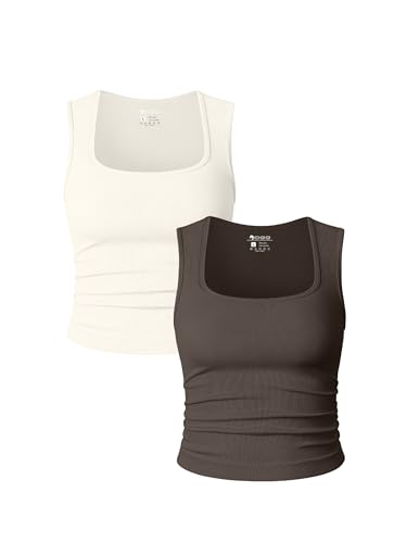Image of OQQ Womens 2 Piece Crop Tops Rueched Sleeveless Square Neck Stretch Basic Tank Shirts