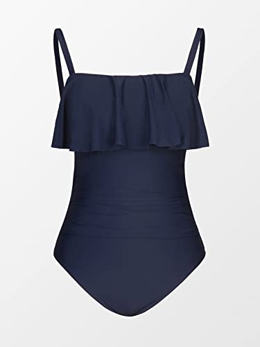 Cupshe Women Swimsuit Plus Size One Piece Bathing Suit Flowy Ruffle Trim Ruched Front Tummy Control, 2X Dark Blue #TOP4