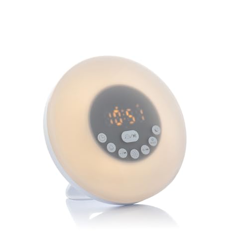 InnovaGoods® Despertador simulador de amanecer, despertador digital 12 sonidos predefinidos, despertador luz natural, reloj despertador digital Radio, control táctil, 3 modos de iluminación, 6 colores