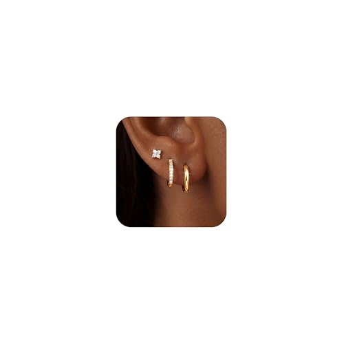 Dochais 3 Paar Ohrringe Gold Set Creolen Klein Hypoallergene Ohrstecker 14K Vergoldete Ohrringe Hoop Earrings Zirkonia Schlafen Knorpel Helix Conch Tragus Piercing Ohr Schmuck für Damen