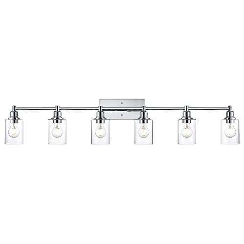 Lucidce Bathroom Vanity Light Fixtures, 6-Light Vanity Lights for Bathroom Bedroom Chrome Finish Wall Mount Lights with Cylindrical Clear Glass Shade Lucidce Bathroom Vanity Light Fixtures, 6-Light Vanity Lights for Bathroom Bedroom Chrome Finish Wall Mount Lights with Cylindrical Clear Glass Shade