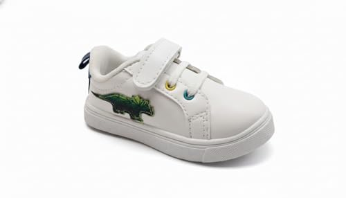 Image of Myau Kids Classic White Sneakers with Dinosaur Detail, Hook and Loop Straps, Casual Style, for 1-5 Years