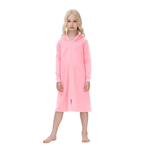 Ni𝐠htgowns Girls Zip Up Hoodies Ro𝐛es Soft Cotton Bathro𝐛e Long Sleeve Housecoat Loose Loung𝐞wear with Pockets