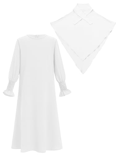 IDOPIP Muslim Dress for Girls Islamic Prayer Abaya Smocked Long Sleeve Kaftan Robe Dresses with Hijab Ramadan Dubai Outfits3