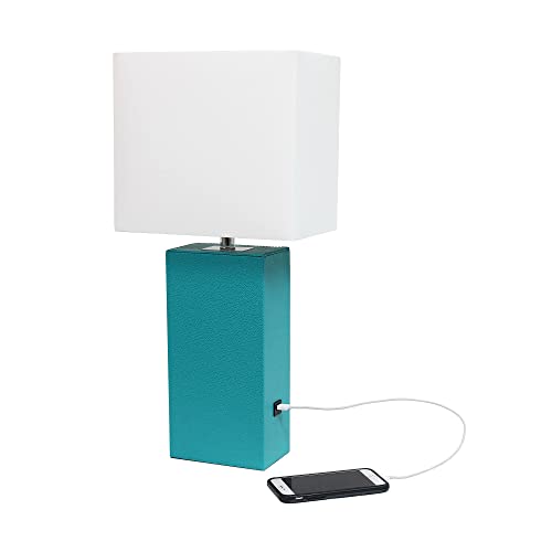 Lalia Home Lexington 21" Leather Base Modern Home Decor Bedside Table Lamp With Usb Charging Port With White Rectangular Fabric Shade, Teal #TOP6