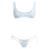 Women's Cute Kawaii Striped Bikini Lingerie Set Micro Tiny Bra Top Low Waist G-String Panty/Garter Belt 2Pcs / 3Pcs Anime Underwear Light Blue - 2pcs One Size